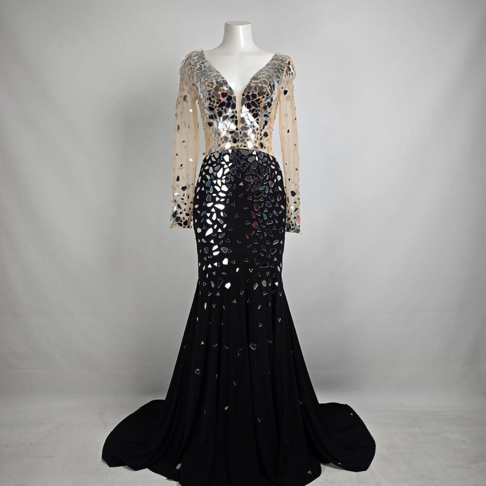 Mori Lee Black & Silver Long Sleeve Mettallic Gown Size 8 Style 46040